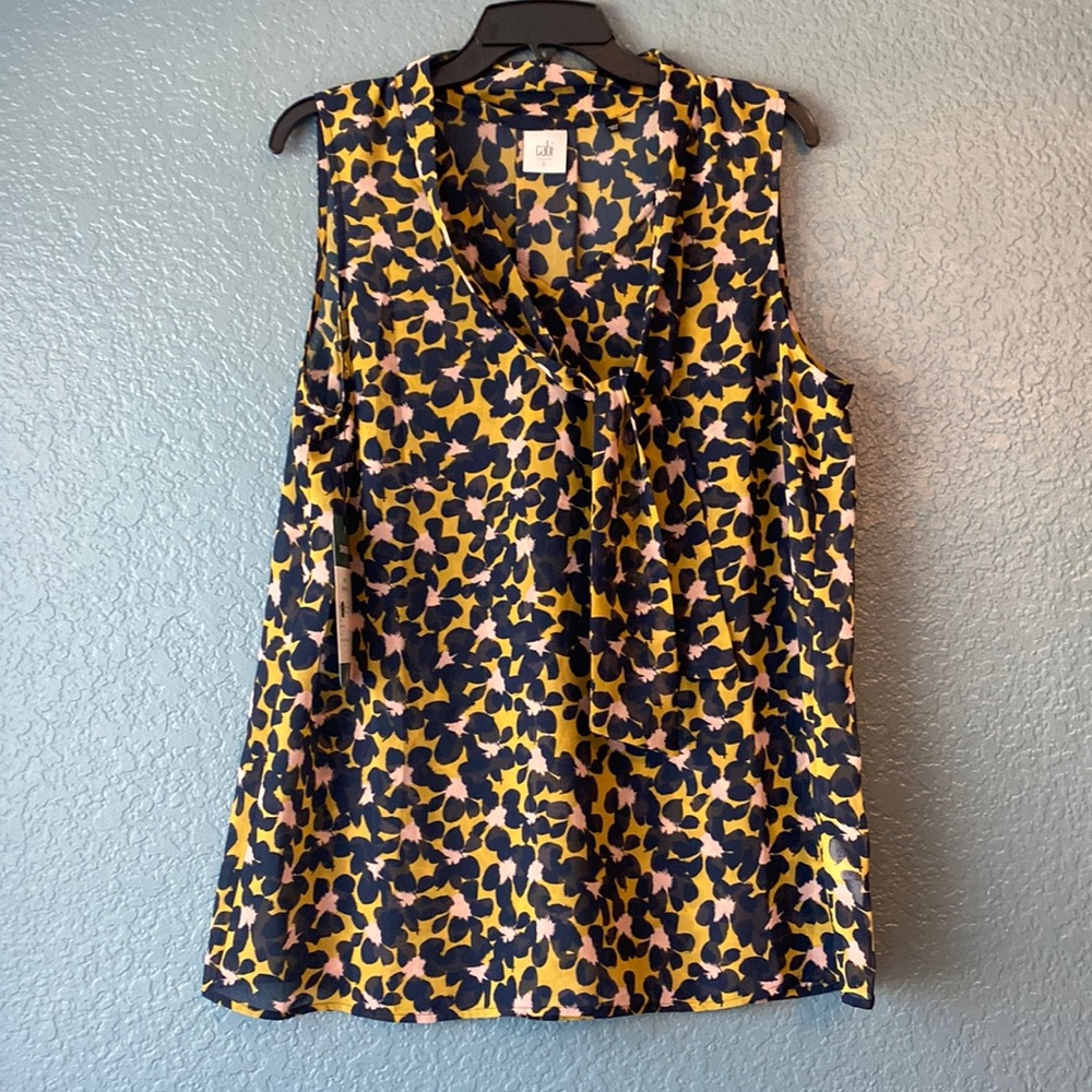 CAbi Sleeveless V-Neck Blouse in Yellow, Navy & Pink Abstract Print